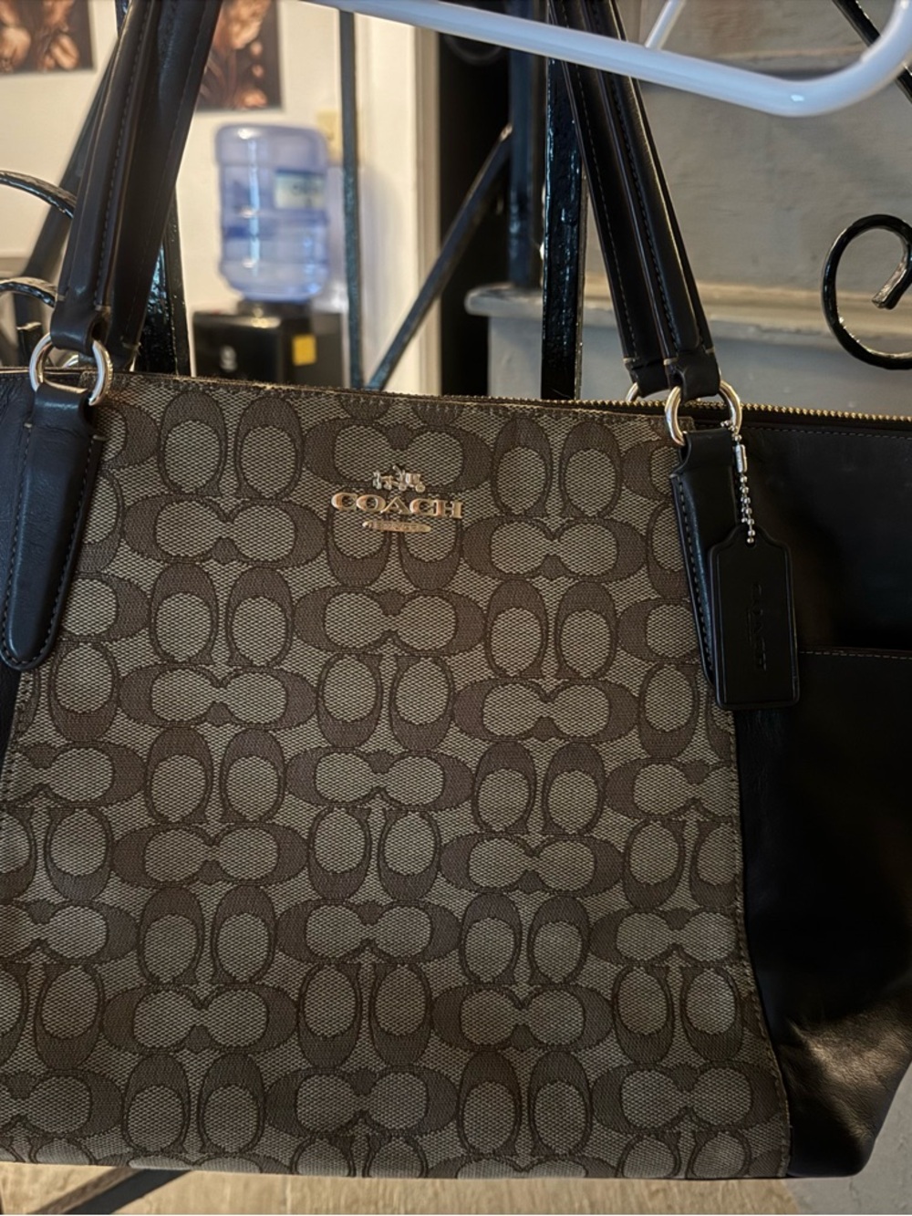 Coach Brown Signature Jacquard Tote with Black Leather Trim